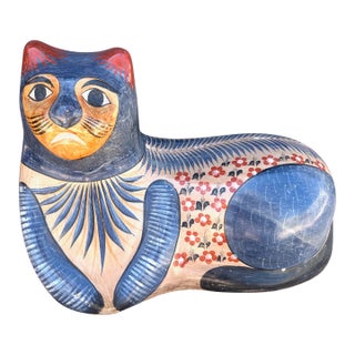 Vintage Hand Painted Mexican Clay Cat Figure For Sale