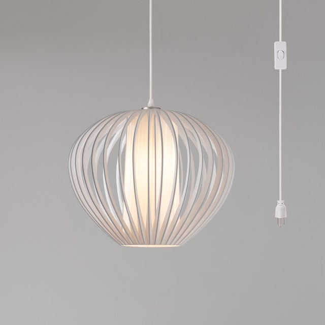 2020s Bloom 14 Inch Swag Lamp by Nova of California - Sphere White Satin Shade With White Slatted Cage Globe - Plug-in Bubble Orb Pendant For Sale - Image 5 of 7