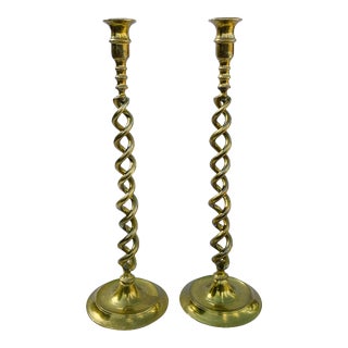 Antique Brass Open Barley Twist Candlestick Holders- a Pair For Sale