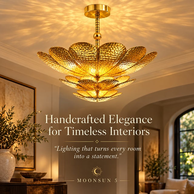 Art Deco Handmade Brass Flower Ceiling Light, 3 Tier Hammered Floral Chandelier, Art Deco Lotus Semi Flush Mount, Luxury Brass Ceiling Fixture 28 Inches For Sale - Image 3 of 15