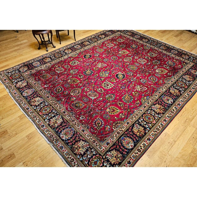 1900 - 1909 Vintage Persian Tabriz Rug, Hand-Knotted Wool, All Over Geometric Pattern, Red & Navy, 10x13 For Sale - Image 5 of 18