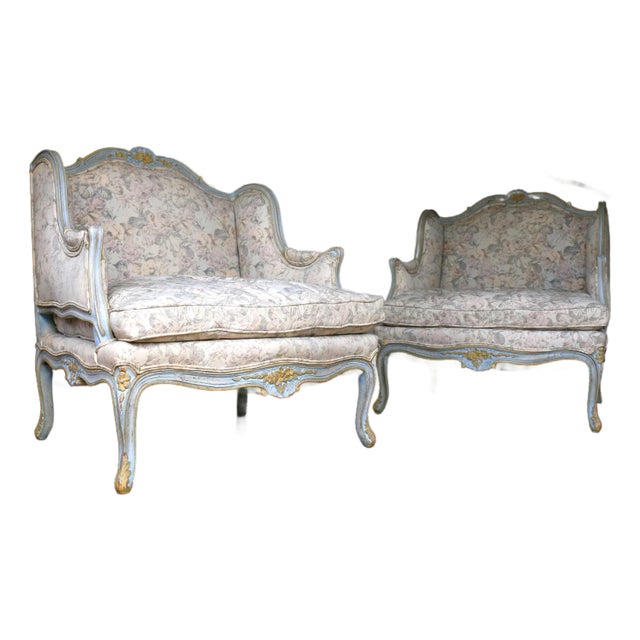 Pair of Mid 20th Century Louis XV Wingback Bergère Armchairs – Floral Upholstery For Sale