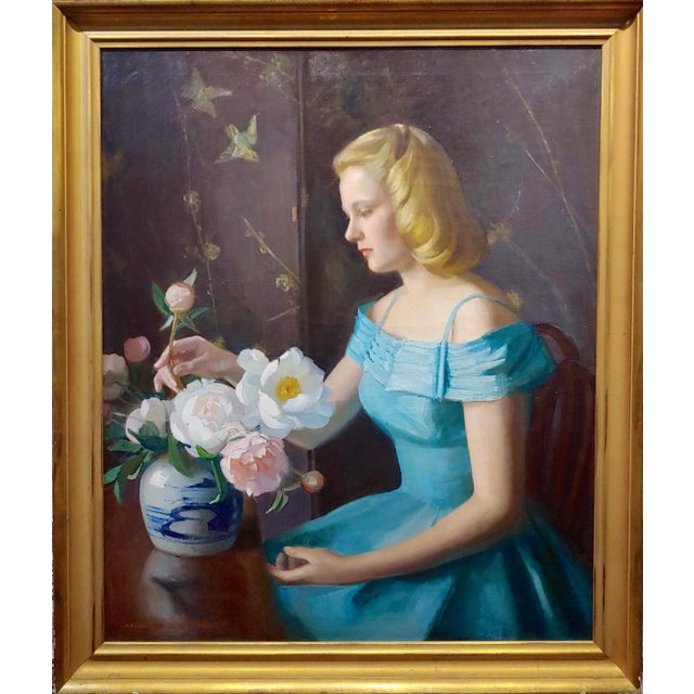 Marguerite Stuber Pearson -Woman in Blue arranging her white Roses-Oil Painting Oil panting on canvas -signed -circa 1940s...
