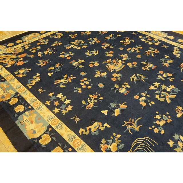 Art Deco 1920s Navy Blue Floral Shou Antique Chinese Art Deco Rug 8' 2''x 9' 10'' Knotted Wool Carpet For Sale - Image 3 of 12
