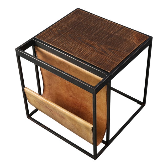 Mid-Century Magazine Holder in Metal, Wood and Leather, Belgium, 1960s For Sale