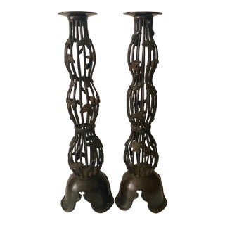 1940s Japanese Bronze Candle Stands/Holders a Pair For Sale