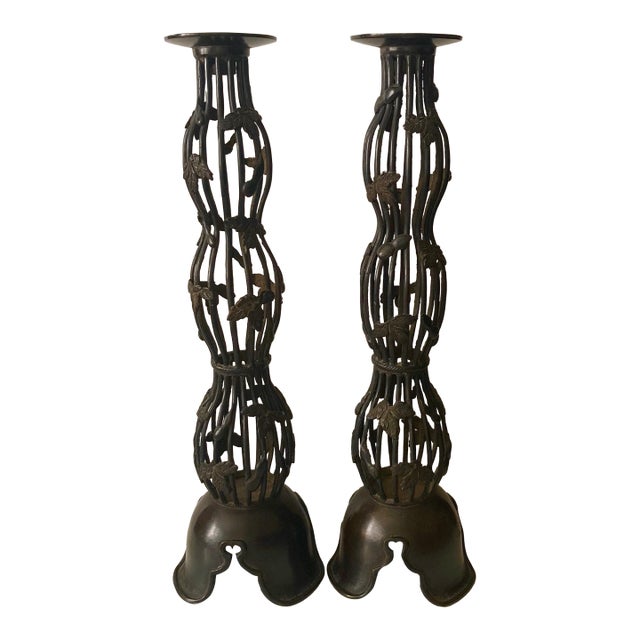1940s Japanese Bronze Candle Stands/Holders a Pair For Sale