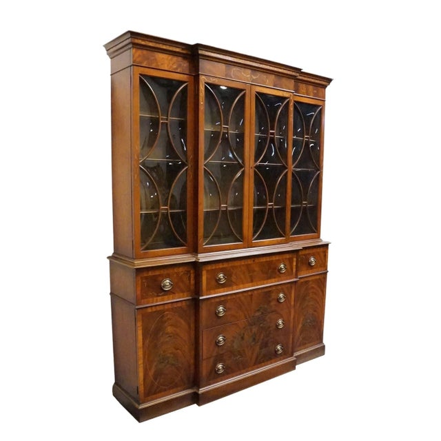 SAGINAW FURNITURE Flame Mahogany Traditional Duncan Phyfe Style 66" Breakfront Secretary China Cabinet w. Bubble Glass 84"...