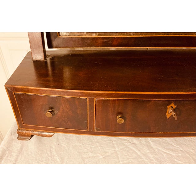 Wood Antique English Federal Bow Front “Dressing Glass” Table Mirror Mahogany With Satinwood Inlay Triple Drawer For Sale - Image 7 of 11