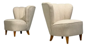 Carl-Johan Boman, Easy Chairs, Beige Linen, Wood, Finland, 1950s
