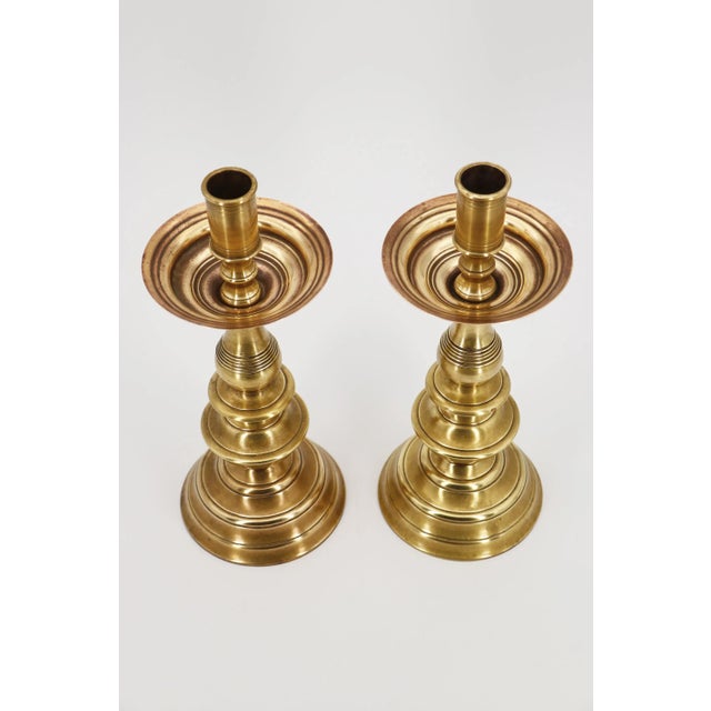 Baroque Antique 19th Century Large Pair of Portuguese Brass Candle Holders For Sale - Image 3 of 12