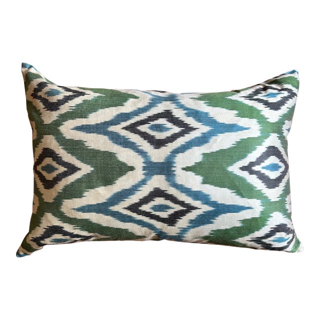 Silk Green and Blue Ikat Pillow For Sale