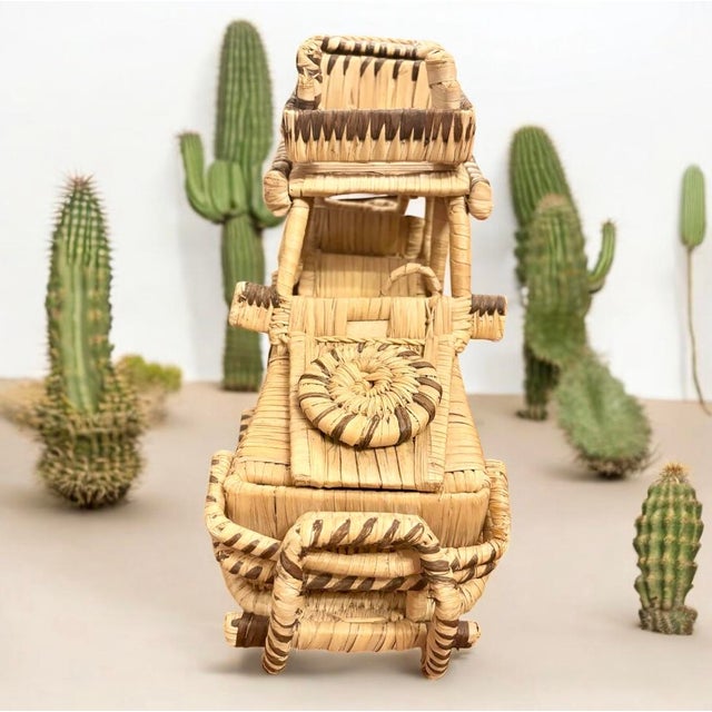 Wood Large Vintage Rattan Jeep Handmade Rare Land Rover Car & Tailor Detail Woven Decor For Sale - Image 7 of 12