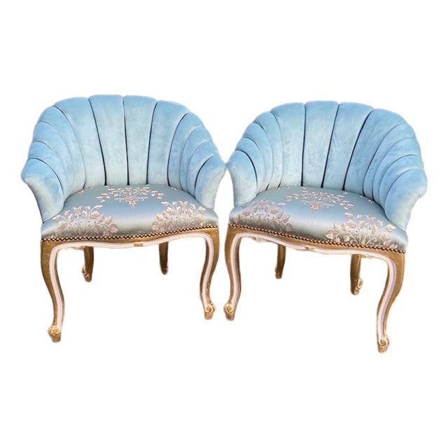 1980s Artisan Gilded Beech Louis XV Blue Side Chairs Pair For Sale