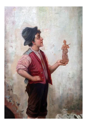 R. Habig Young Boy Holding a Statue Figurative Oil on Canvas Late 19th Century