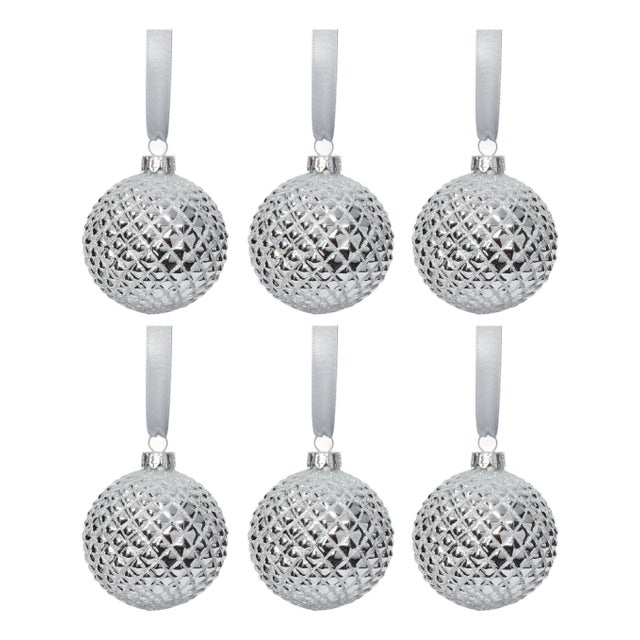 Metallic Shiny Silver Ball Ornaments, Set of 6, 3.25" For Sale