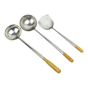 Late 20th Century Handcrafted Stainless Steel Cooking Ladles and a Turner Utensils Set With Wooden Long Handle - 3 Pieces
