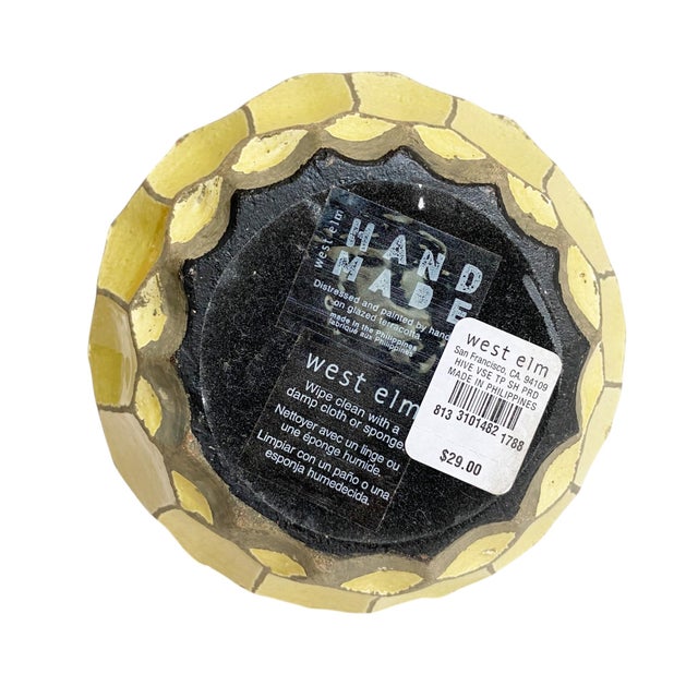 Yellow Textured Honeycomb Vase – Distressed Yellow Crackle Glaze Pottery - 11.5" Tall West Elm For Sale - Image 8 of 8