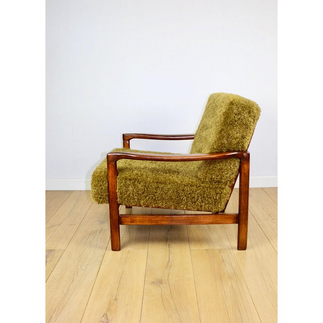 Brown Vintage Wooden Armchair with Khaki Long Hair Upholstery by Z. Bączyk, 1970s For Sale - Image 8 of 13
