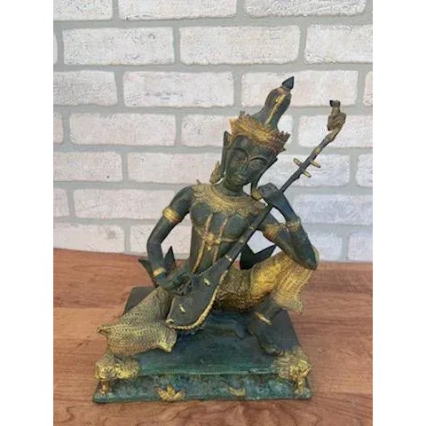 Antique Thai Prince Musician Gilded Bronze Statue Mandolin Music Player Beautiful antique statue of a Thai prince playing...
