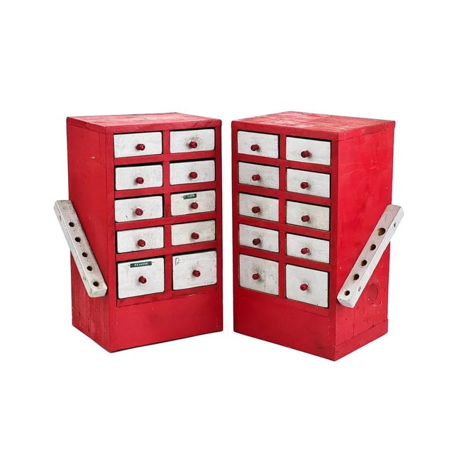 Vintage 1950s Red Handmade Industrial Wood 10-drawer Storage Units - A Pair For Sale - Image 10 of 10