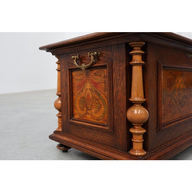 Neo-Renaissance Walnut Chest with Inlaid Front Panel and Turned Columns, Belgium, 1880s For Sale - Image 12 of 15