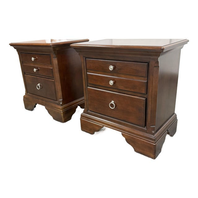Dark Cherry Two Drawer Nightstands, Pair For Sale