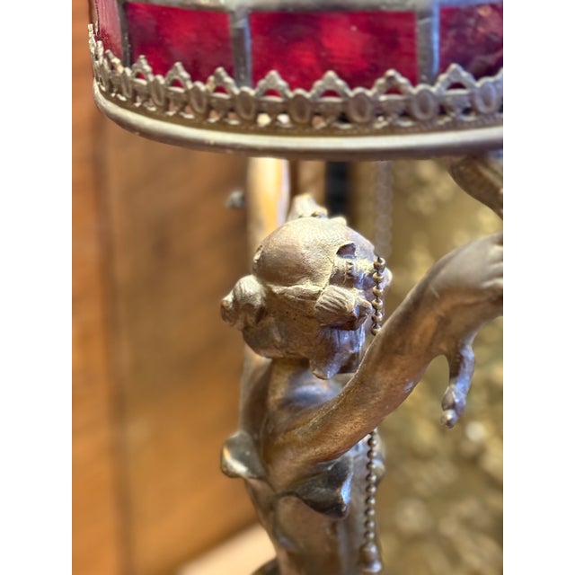 Antique Art Nouveau Cast Bronze Figural Lamp Signed J. Causse Ruby Red Stained Glass Shade c.1900 For Sale - Image 9 of 16