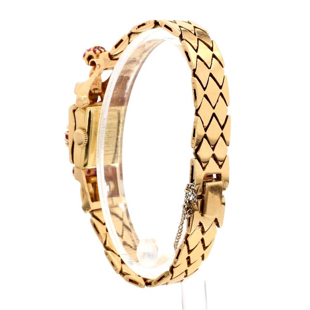 Metal Mid 20th Century Mercedes Signed 14k Gold Ruby & Diamond Art Deco Hidden Watch Bracelet For Sale - Image 7 of 14