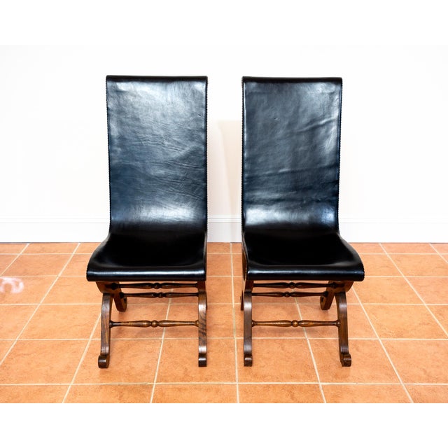 Black Mid-Century Neo-Classical Spanish Oak and Black Leather Dining Chairs by Pierre Lottier for Valmazan, 1960s, Set of 2 For Sale - Image 8 of 18