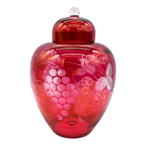 Vintage Cut-to-Clear Ruby Red Glass Ginger Jar – Grape Vine Motif – Romantic / Bohemian