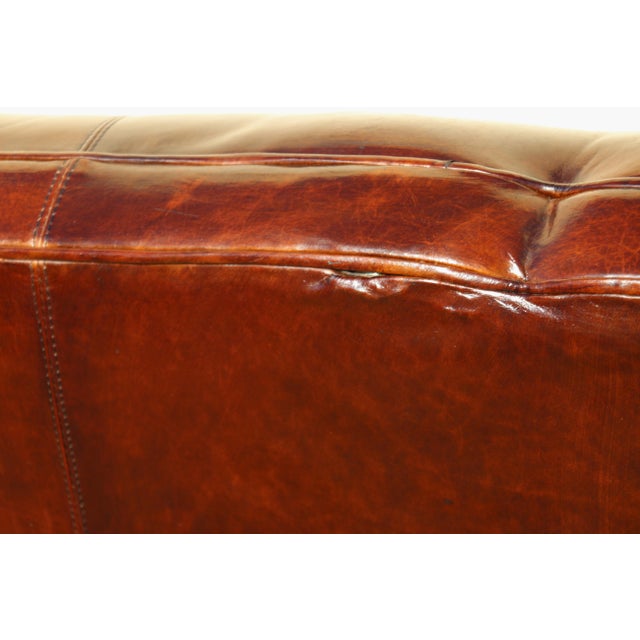 Vintage Art Deco Distressed Brown Leather Three-Seat Sofa With Mustache Back For Sale - Image 15 of 18