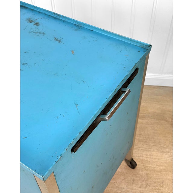 Vintage Industrial Blue Steel Rolling Cart Cabinet For Sale - Image 10 of 15