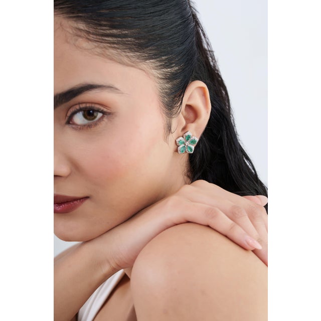 Not Yet Made - Made To Order Floral Art Deco 3.1ct Emerald Diamond Cluster Gemstone Earrings in 14k Yellow Gold- A Pair For Sale - Image 5 of 16