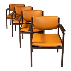 Set of 4 Danish Modern Arm Chairs in Solid Mahogany & Caramel Leather by Danish Overseas Imports, Circa 1960's