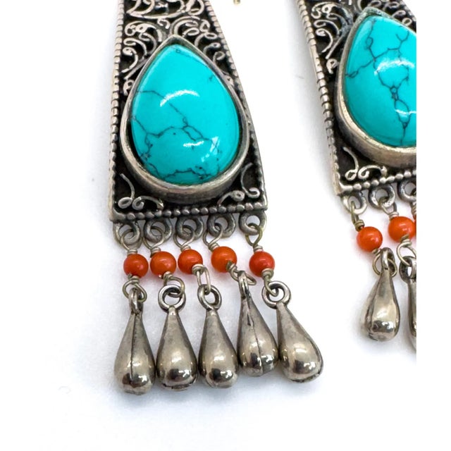 Vintage Moroccan Tribal Turquoise & Coral Jewelry Set, Cuff , Ring , Pair of Earrings (4 PCS For Sale - Image 11 of 12