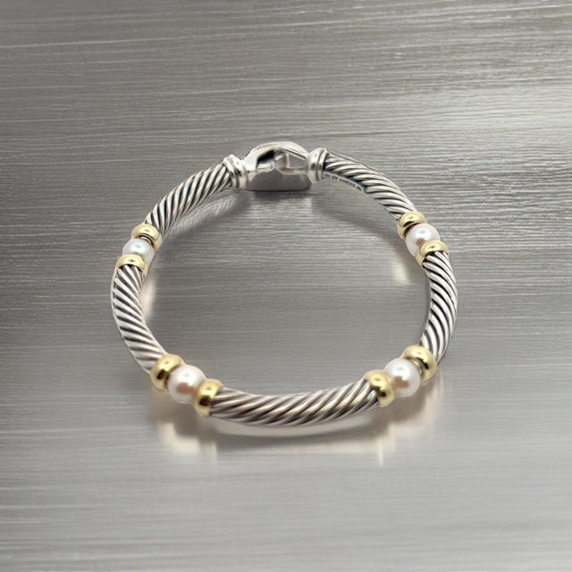 1990s David Yurman Authentic Estate Pearl Necklace 17" + Bracelet Set 7.5" Silver Gold For Sale - Image 4 of 9