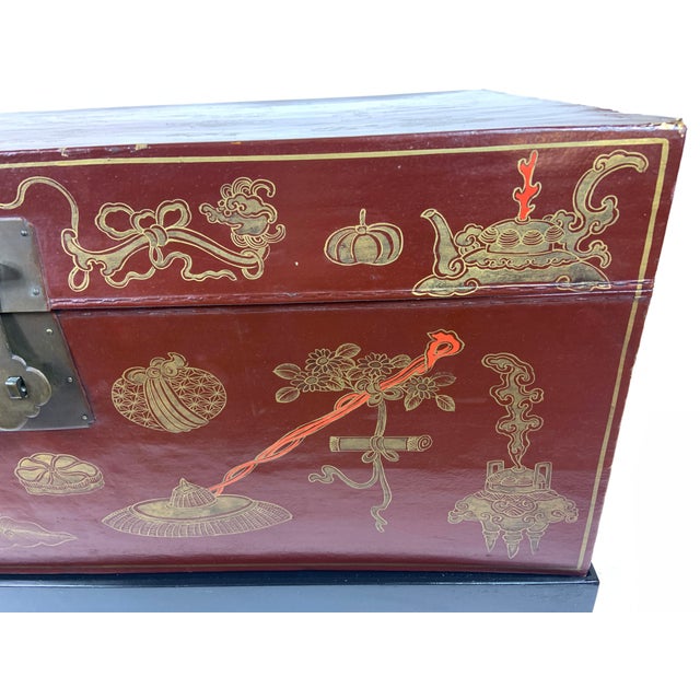 Late 19th Century Vintage Chinese Leather Painted Trunk Coffee Table With Wood Stand, Glass Top For Sale - Image 5 of 12