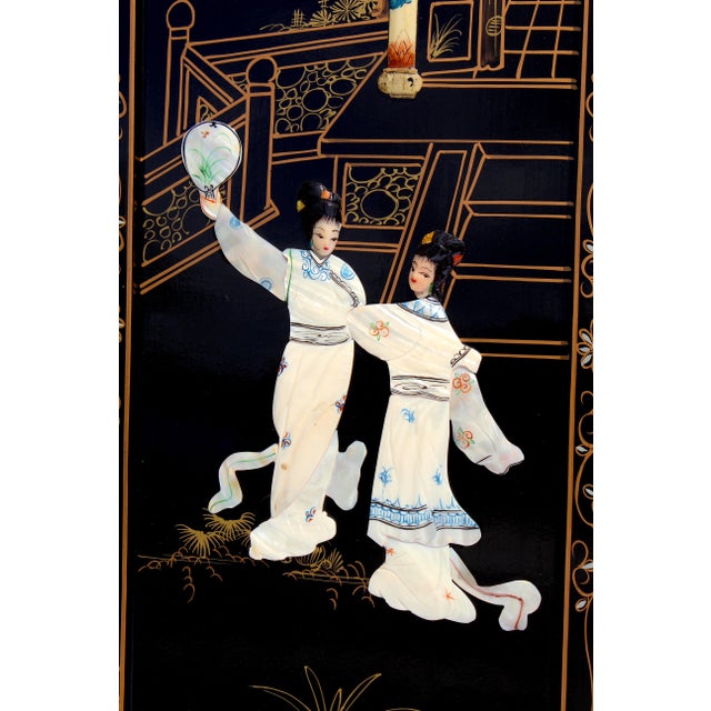 Chinoiserie Vintage Chinese Black Lacquer Mother-of-Pearl Inlay Wall Panels - Set of 4 Chinoiserie Scenic Figures & Pagoda Landscape Art For Sale - Image 3 of 18
