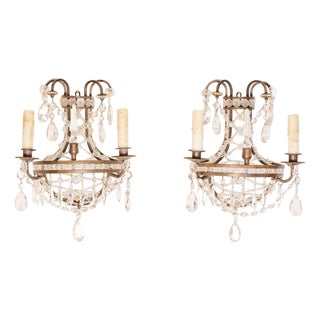 Mid 20th Century French Directoire Style Crystal Two-Light Sconces with Rosette Motifs - a Pair For Sale