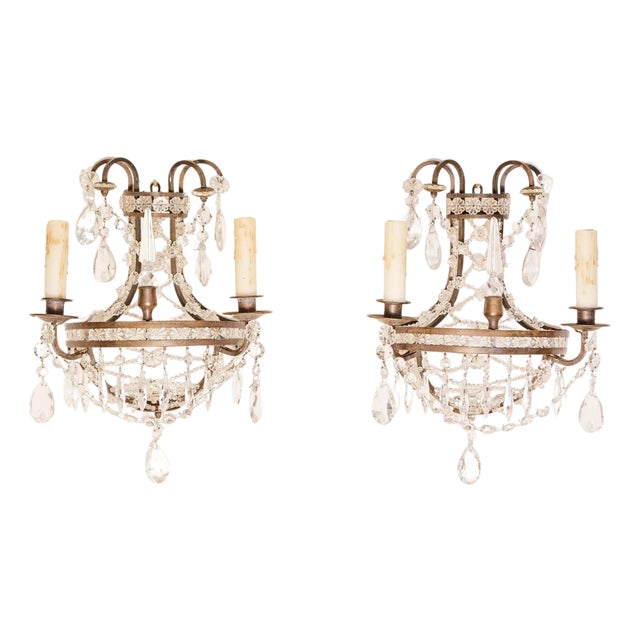 Mid 20th Century French Directoire Style Crystal Two-Light Sconces with Rosette Motifs - a Pair For Sale