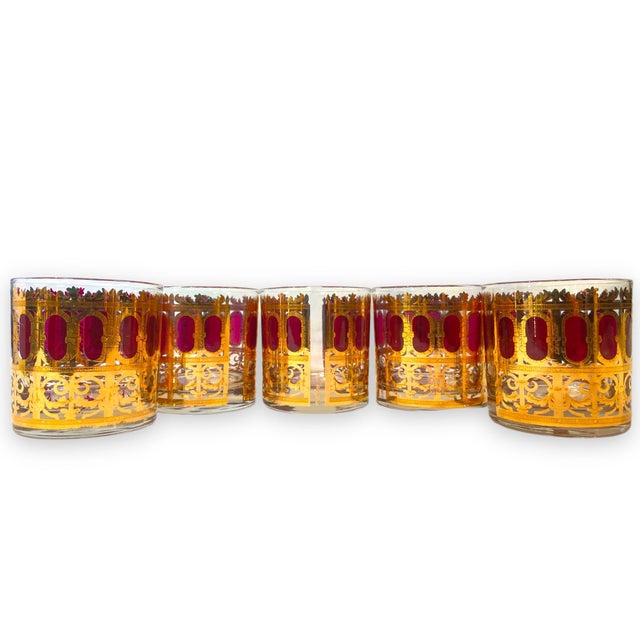 Morphew Abode 1960s Culver Burgundy Art Deco & 22k Gold Lowball Cocktail Glasses- Set of 5 For Sale - Image 11 of 11