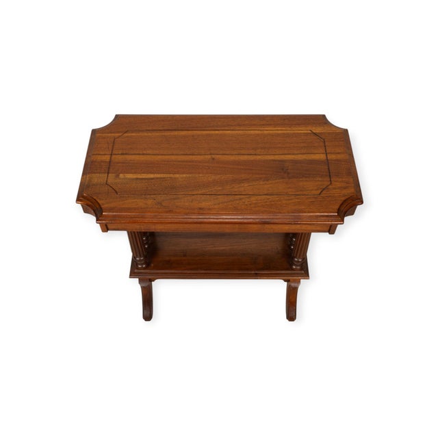Neoclassical Vintage Neoclassical Walnut Side Table W/ Reeded Columns & Lower Shelf 25x13.5x22 For Sale - Image 3 of 11