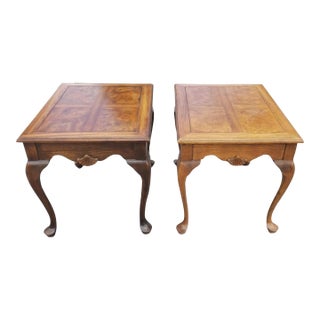 Late 20th Century Oak and Burl Walnut Banded Top Side Tables For Sale