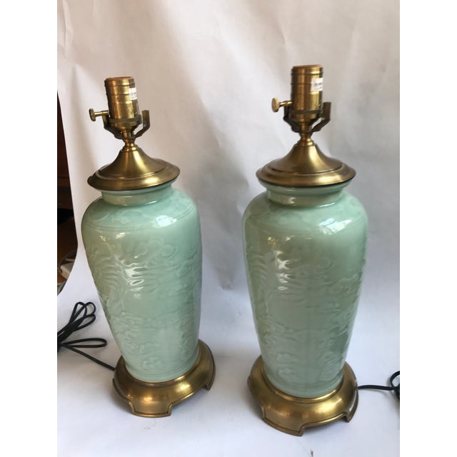 Early 21st Century Vintage Wildwood Chinoiserie Celadon and Brass Lamps - a Pair For Sale - Image 5 of 7
