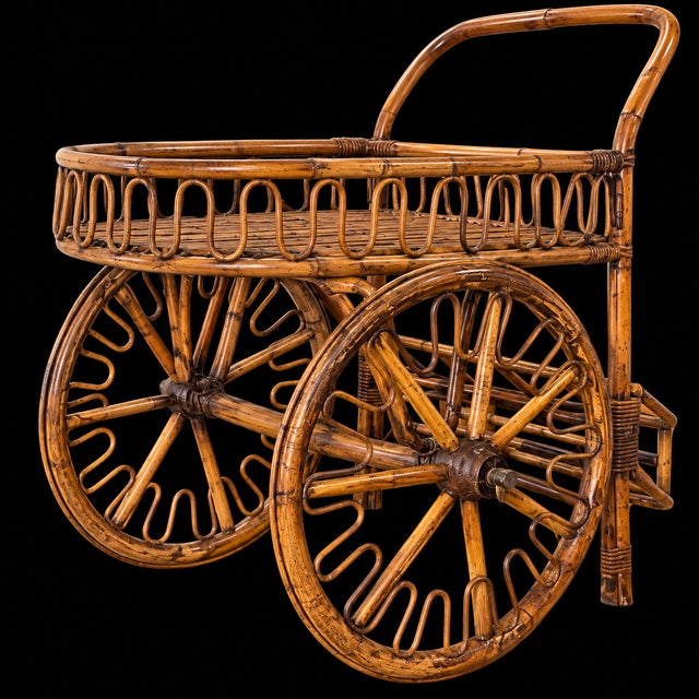 French Riviera Rattan Bar Cart Audoux & Minet 1950s For Sale - Image 9 of 10