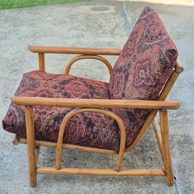 Brown 1960s Ficks Reed Style Pagoda Rattan Bamboo Lounge Chair Tapestry Covered Cushions For Sale - Image 8 of 12