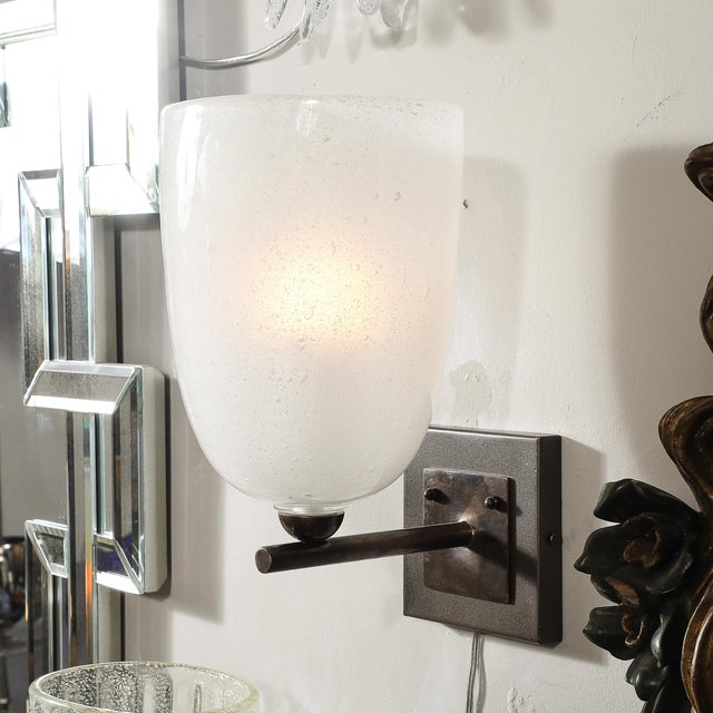 Pair of Modernist Hand-Blown Murano Glass Pulegoso Sconces in Oil Rubbed Bronze For Sale - Image 11 of 17