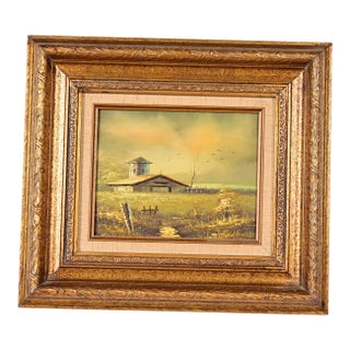 Original Artist Signed Oil Rural Landscape Painting of "Barn in Afternoon" in Carved Giltwood Frame For Sale