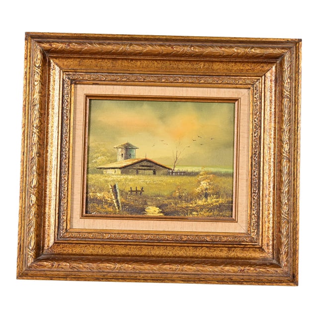 Original Artist Signed Oil Rural Landscape Painting of "Barn in Afternoon" in Carved Giltwood Frame For Sale
